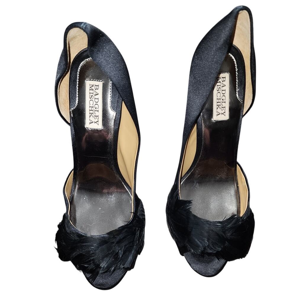 Badgley Mischka Gisella d'Orsay Peep open toe feather Evening Black Pumps 9.5 - Picture 4 of 8